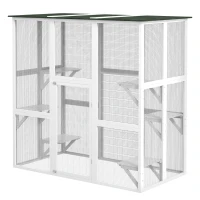 PawHut Outdoor Cat House Big Catio Wooden Feral Cat Shelter Enclosure with Large Spacious Interior, 6 High Ledges, Weather Protection Asphalt Roof, 71" L, White(m-11)