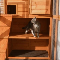 PawHut Wooden Outdoor Catio with Platforms, Asphalt Roof, Ramps, Natural(m-9)