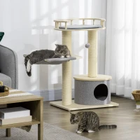 PawHut 35" Cat Tree, Kitty Activity Centre, Wooden Cat Climbing Toy, Cat Tower with Cat Bed Hammock Condo Washable Cushion Hanging Ball Toy Sisal Scratching Post, Natural(m-1)