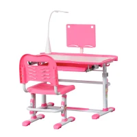 Qaba Kids Desk and Chair Set, Height Adjustable School Study Table and Chair, Student Writing Desk with Tilt Desktop, LED Light, Pen Box, Drawer, Reading Board, Cup Holder, and Pen Slots, Pink(m-11)