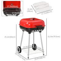Outsunny Charcoal BBQ Grill, Portable Kettle Barbecue Smoker with Lid, Wheels, Storage Rack, Red(m-3)