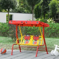 Outsunny Porch Swing for Kids with Adjustable Canopy to Block Sun at Angles, Kids Swing Chair with Seatbelts, Ladybug Pattern, Gift for Kids Ages 3-6, Red(m-10)