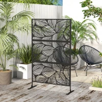 Outsunny 6.5FT Decorative Outdoor Divider, Metal Privacy Screen with Stand, Leaf Style, Black(m-8)