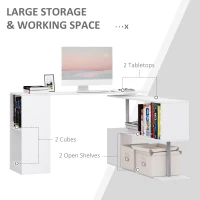 HOMCOM 55" Corner Computer Desk, 360° Rotating L-Shaped Desk, Home Office Workstation with 3-Tier Shelves, Bookshelf, White(m-5)
