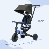 Qaba 3-in-1 Toddler Trike, Push Tricycle, & Balance Bike with Adjustable Settings, Toddler Push Bike, Baby Bike with Shady Canopy, Ages 1.5-4, Blue(m-3)