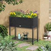 Outsunny Rattan Raised Garden Boxes, Elevated Flower Beds with Storage Shelf for Herbs, Flowers, Vegetables, Black(m-1)