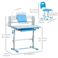 Qaba Kids Desk and Chair Set with Easy Rotation Handle, Height Adjustable Study Table and Chair Set with LED Lamp, Bookshelf, Drawer, Reading Board, Pen Slot, Hook, Blue(m-3)