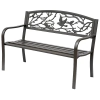 Outsunny 50" Garden Bench Outdoor Loveseat with Vintage Bird Pattern Cast Metal - Brown(m-11)