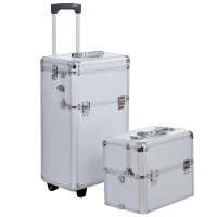 HOMCOM Pro 3 in 1 Portable Aluminum Makeup Cases Rolling Cosmetic Organizer Box, Black (Silver)(m-11)