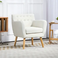 HOMCOM Linen Upholstery Armchair, Mid-Century Modern Accent Chair with Wood Frame and Thick Padding, Cream White(m-1)