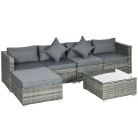 Outsunny 6 Pieces Outdoor PE Rattan Wicker Patio Furniture Sofa Set with Thick Cushions, Deluxe Garden Sectional Couch with Glass Top Table, Mixed Grey and Dark Grey(m-11)
