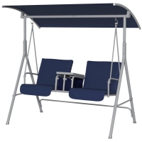 Outsunny 2-Seater Outdoor Porch Swing with Canopy and Table, Patio Swing Chair for Garden, Poolside, Backyard, Dark Blue