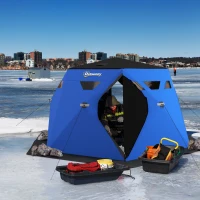 Outsunny 4 Person Insulated Ice Fishing Shelter, Pop-Up Portable Ice Fishing Tent with Carry Bag and Two Doors for -22℉, Blue(m-8)
