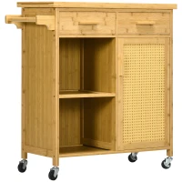 HOMCOM Bamboo Kitchen Island on Wheels, Rolling Kitchen Cart with Tempered Glass Top, 2 Drawers, Towel Racks, Open Compartments, Rattan Door Cabinet, Natural(m-11)