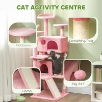 PawHut 54" Cat Tree, Multi-Level Cat Tower with Scratching Posts, Cat Condos, Bed, Platforms, Ramp, Toy Ball, Pink(m-4)