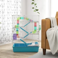 PawHut 6 Tier Hamster Cage w/ Tunnels and Tubes, Hut, Wheel, Food Dish, Water Bottle, Ramps, for Dwarf & Gerbil, Light Blue(m-9)