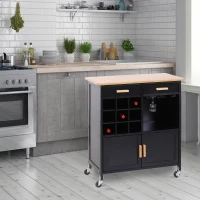 HOMCOM Portable Kitchen Trolley with Bamboo Top Storage Cabinet and Wine Rack (Black )(m-8)