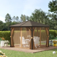 Outsunny 10' x 10' Hardtop Gazebo Outdoor Aluminum Gazebo Canopy with Mosquito Netting, Curtains, Hanging Hook, Brown(m-1)