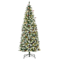 HOMCOM 6ft Pre-Lit Snow-Dipped Artificial Christmas Tree with Realistic Branches, 300 LED Lights, Pine Cones, Red Berries and 618 Tips