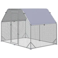 PawHut Chicken Run, Galvanized Large Metal Chicken Coop Cage, Walk-in Enclosure Poultry Hen Run House Playpen Rabbit Hutch with Flat Roof, Cover, 9.2' x 6.2' x 6.5', Silver(m-11)