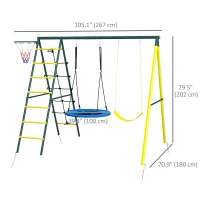Outsunny 4 in 1 Swing Set for Kids with Saucer Swing, Seat, Climbing Ladder/Net, Basketball Hoop for 3-8 Years Old, Yellow(m-3)