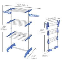 HOMCOM 3-Tier Foldable Clothes Drying Rack, Stainless Steel Laundry Rack with 2 Side Wings and 6 Castors, Collapsible Adjustable Clothes Airer for Indoor Outdoor, Blue(m-3)