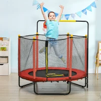 Qaba Kids Trampoline with Net, Basketball Hoop, Horizontal Bar Indoor, Red(m-10)