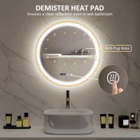 HOMCOM 24" Round Bathroom Mirror with LED Lights, Wall Mounted Vanity Mirror with Anti-Fog Pad, Time and Temp Display, Gold(m-5)