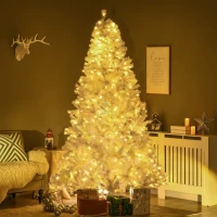 HOMCOM 7.5' Prelit Artificial White Christmas Trees Home Decor, with Warm White LED Lights, Auto Open, Steel Base(m-10)