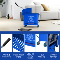 HOMCOM Compact Mop Bucket with Wringer, Mop Bucket on Wheels for Floor Cleaning, 5 Gallon, Separate Dirty and Clean Water, Blue(m-9)