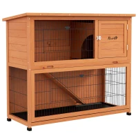 PawHut Wooden Rabbit Hutch with Trays, Ramp, Asphalt Roof, Doors for 1-2 Rabbits, 47" x 20" x 40", Orange(m-11)