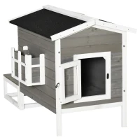 PawHut Wooden Cat House Outdoor with Door, Weatherproof 2-Floor Feral Cat Shelter with Asphalt Roof, Balcony, Dark Gray(m-11)