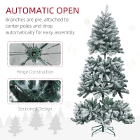 HOMCOM 6 Foot Artificial Flocked Christmas Tree with Snow, Metal Stand, Hinged Xmas Tree for Home Office Holiday(m-6)