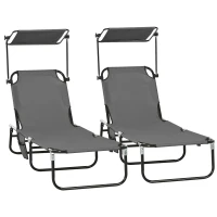 Outsunny 2 Piece Folding Outdoor Chaise Lounges, Pool Tanning Chairs with Reclining Back, Sunshade for Beach, Patio, Dark Grey(m-2)