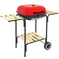 Outsunny Charcoal BBQ Grill Rolling Barbecue Trolley Smoker with Wheels, 2 Side Shelves and a Bottom Shelf, Black and Red(m-11)