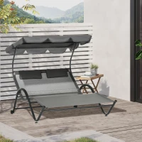 Outsunny Outdoor Patio Chaise Lounge Chair, Patio Sun Lounger w/ Sunshade Roof, for Two People with Wheels and Breathable Sling Mesh Bed, Pillows, Dark Gray(m-8)