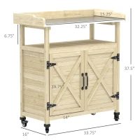 Outsunny Outdoor Wooden Potting Bench with Storage Cabinet, Aluminum Tabletop, Rubber Wheels for Backyard, Patio, Natural Wood(m-3)