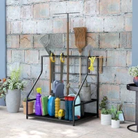 Outsunny 3-Tier Yard Tool Storage Rack, Garden Tool Organizer with Hooks for Long-Handled, Broom, Shovel, Orange(m-10)