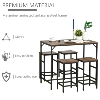 HOMCOM 5 Pieces Industrial Rectangular Bar Table Set, Dining Table Set Breakfast Table with 4 Stools for Dining Room, Kitchen, Dinette, Rustic Brown(m-8)