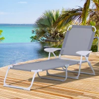 Outsunny Folding Lounge Chair, Portable Outdoor Chaise Lounge, Sun Tanning Chair with 4-Position Reclining Back, Armrests, Metal Frame and Mesh Fabric for Beach, Yard, Patio, Gray(m-2)