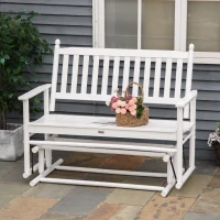 Outsunny Wooden Patio Glider Bench, Wood Log Outdoor Loveseat with High Back and Armrests, Heavy Duty 550lbs Capacity, 2-Seat, White(m-10)