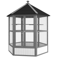 PawHut 69" Wooden Hexagonal Outdoor Aviary Flight Bird Cage With Covered Roof, Light Gray