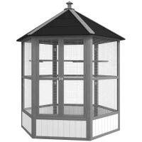 PawHut 69" Wooden Hexagonal Outdoor Aviary Flight Bird Cage With Covered Roof, Light Gray(m-1)