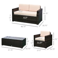 Outsunny 4 Piece Wicker Patio Furniture Set with Cushions, Outdoor Sectional Furniture with 2 Sofa, Loveseat, and Glass Top Coffee Table, Conversation Sofa Sets for Garden, Beige(m-3)