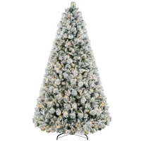 HOMCOM 9 ft Prelit Flocked Artificial Christmas Tree with 750 Clear Lights, 2387 Tips, Metal Stand for Home Office Holiday(m-1)