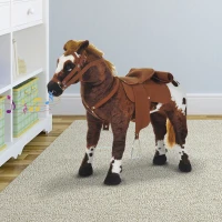 Qaba Standing Ride on Horse, Plush Pony Toy for Kids with Neighing Sound, Soft Padding, for Cowboy Cowgirl Aged 3-8 Years Old, Brown(m-8)
