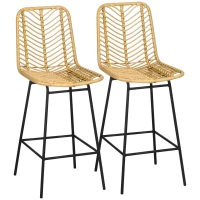 HOMCOM Set of 2 Rattan Barstools Wicker Counter Stools with Steel Legs and Footrest for Dining Room Kitchen Pub Yellow(m-1)