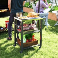Outsunny 3-Shelf Outdoor Grill Cart Table with Stainless Steel Top, Hooks, Pizza Oven Stand on Wheels