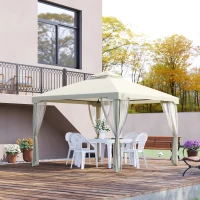 Outsunny 10' x 10' Patio Gazebo Outdoor Pavilion 2 Tire Roof Canopy Shelter Garden Event Party Tent Yard Sun Shade Steel Frame w/ Mosquito Netting Cream White(m-9)