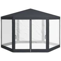 Outsunny Φ13' Hexagon Party Tent Patio Gazebo Outdoor Activity Event Canopy Quick Sun Shelter Pavilion with Netting Mesh Sidewall Dark Grey(m-2)